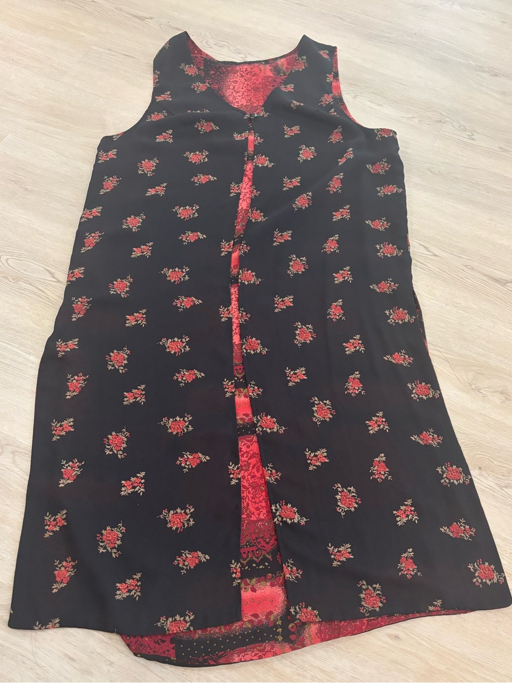 Dark floral thin Sleeveless Long Kimono Lagenlook M-L reversible side slits